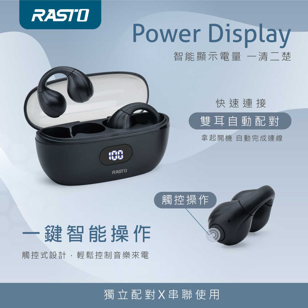 RASTO RS60 耳夾式氣傳導電量顯示真無線藍牙5.3耳機