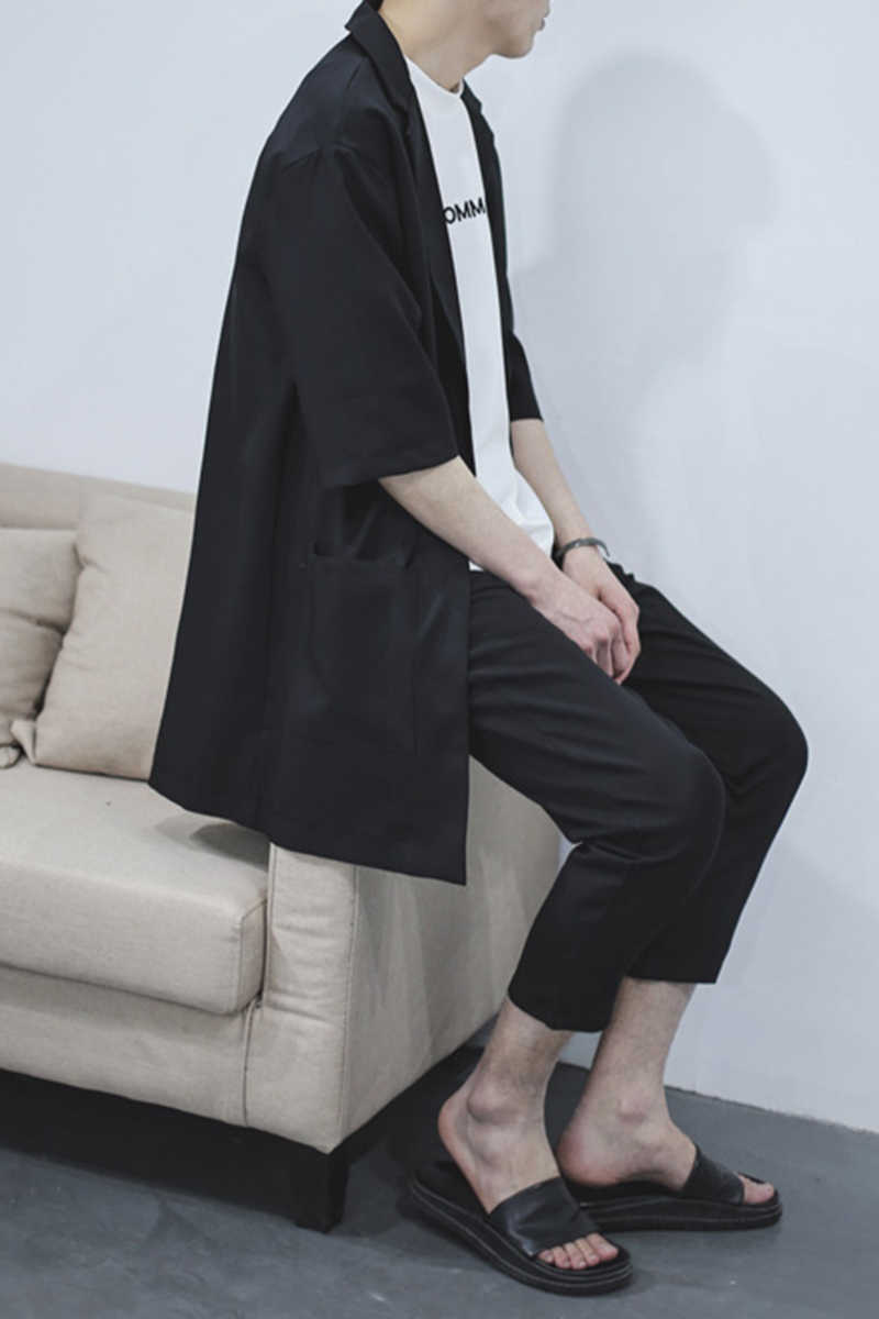 日系 長版 薄外套 黑 七分袖 風衣 寬鬆 薄款 防曬 韓版 西裝外套 長版外套