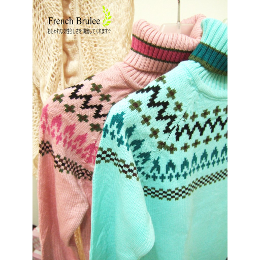 【現貨】韓 波希米亞 民俗風 幾何圖騰 保暖高領 長袖針織－綠色、粉色