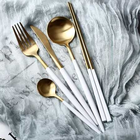 [304不鏽鋼] 金屬拉絲餐具四件組 餐具 湯匙 筷子 刀子 叉子 不銹鋼餐具組 【RS846】