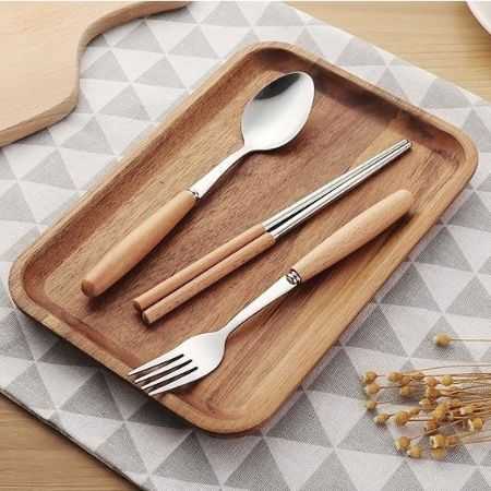 Zakka 木柄餐具組 三件組 不鏽鋼 筷子 湯匙 叉子 環保餐具 耐高溫 野餐 露營【RS856】