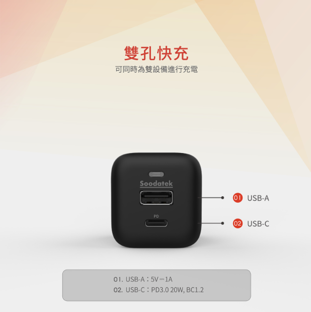 Soodatek 25W 雙孔高速充電器PD20W Takaya鷹屋 快充 旅行 上班族 IPHONE 蘋果手機