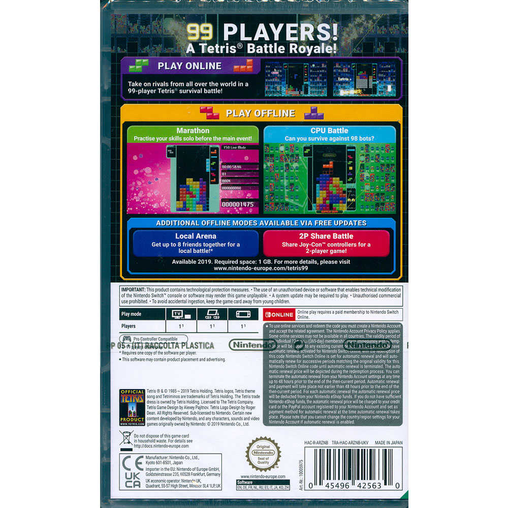 【一起玩】NS Switch 俄羅斯方塊99 + 12個月NSO個人會籍 中英日文歐版 Tetris 99