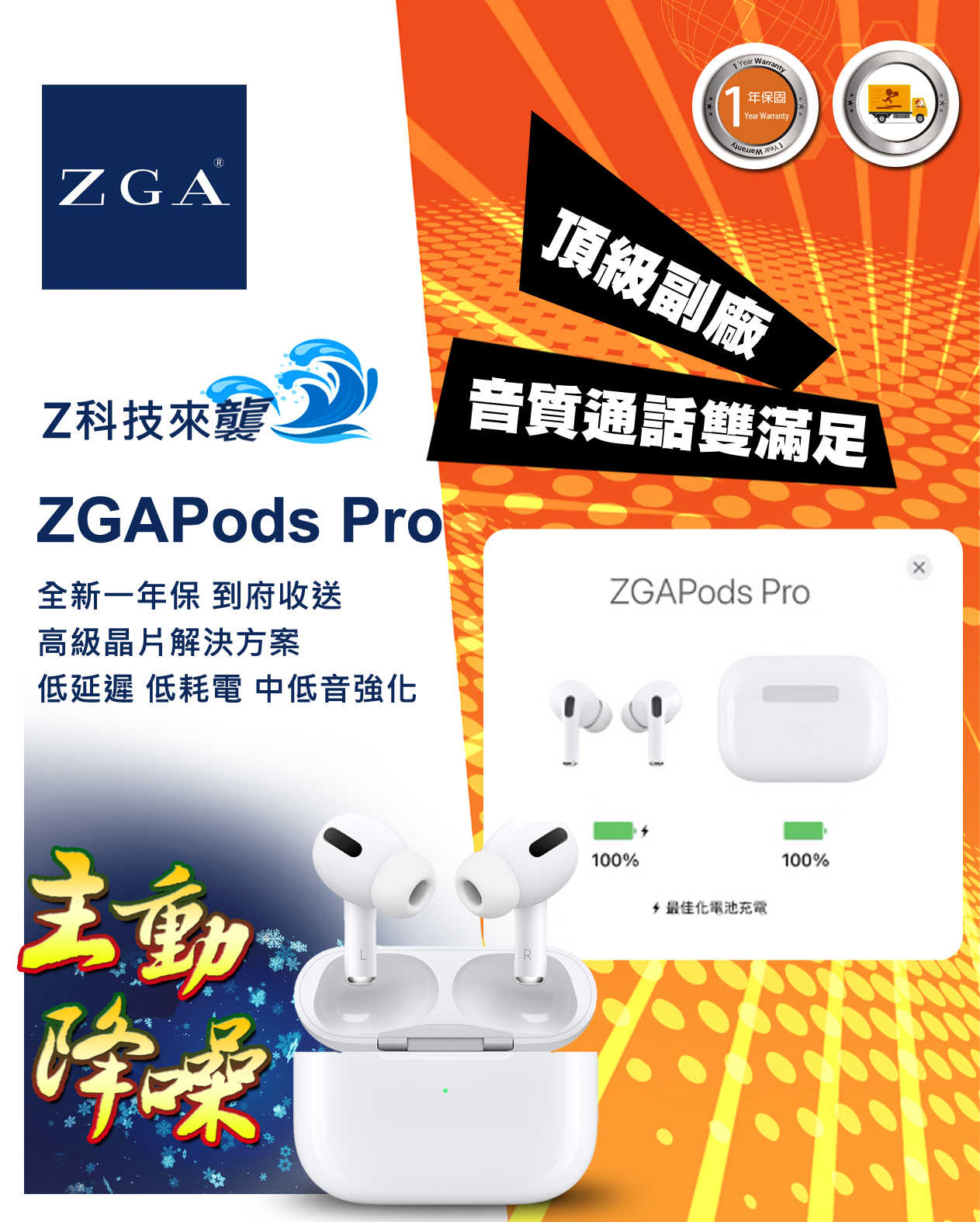 ZGA原廠 ZGAPods Pro 藍芽耳機 主動降躁/通透 完美頂配降躁 通話清晰 中低音夠力 一年支援到府收送