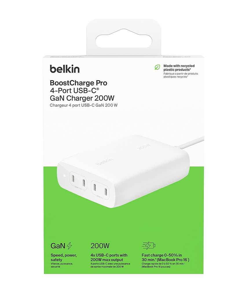 Belkin BoostChargePro4連接埠 USB-C GaN充電器200W(WCH015dqWH)
