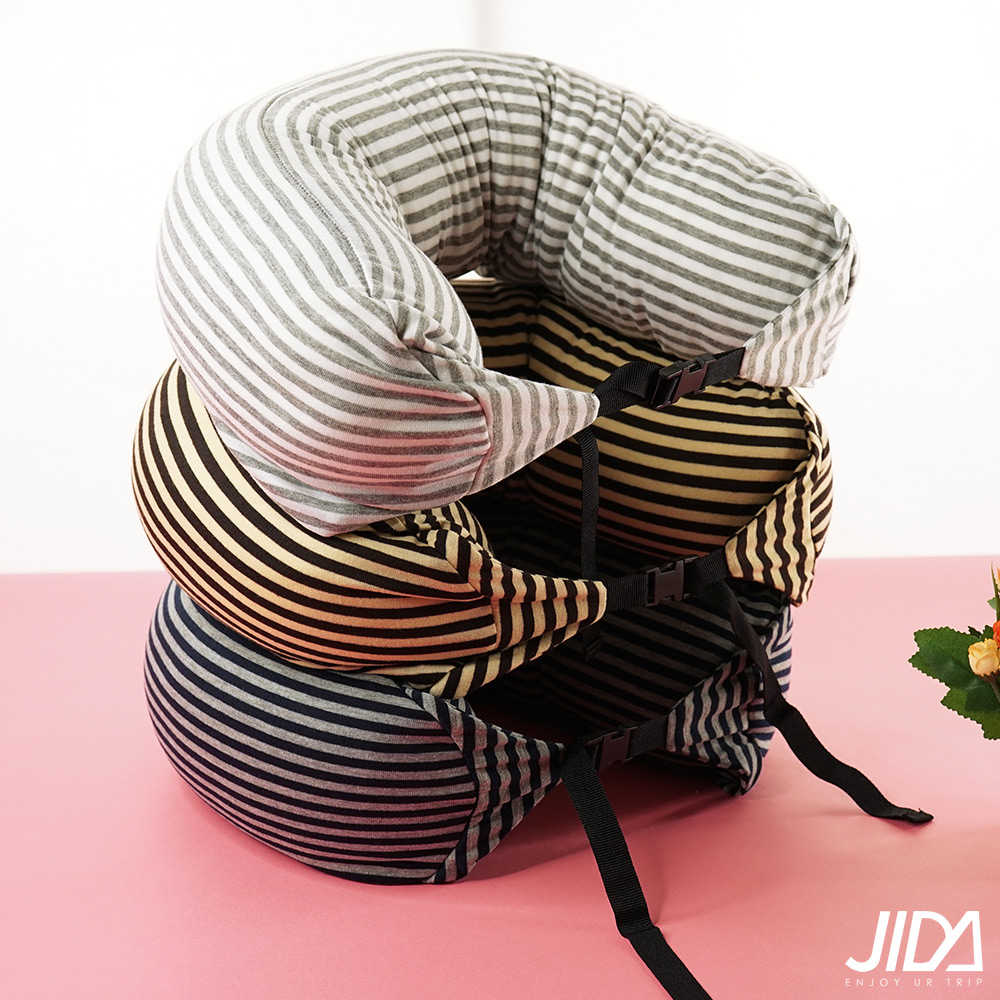 JIDA 日式簡約條紋風連帽微粒子U型護頸枕 70cmX15cm