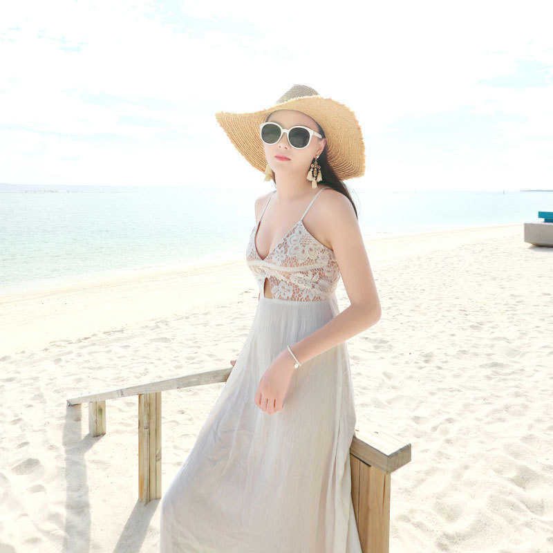 Anniyo安妞‧波西米亞細肩帶V領露背蕾絲拼接高腰修身顯瘦海邊度假禮服沙灘裙長洋裝輕婚紗 白色
