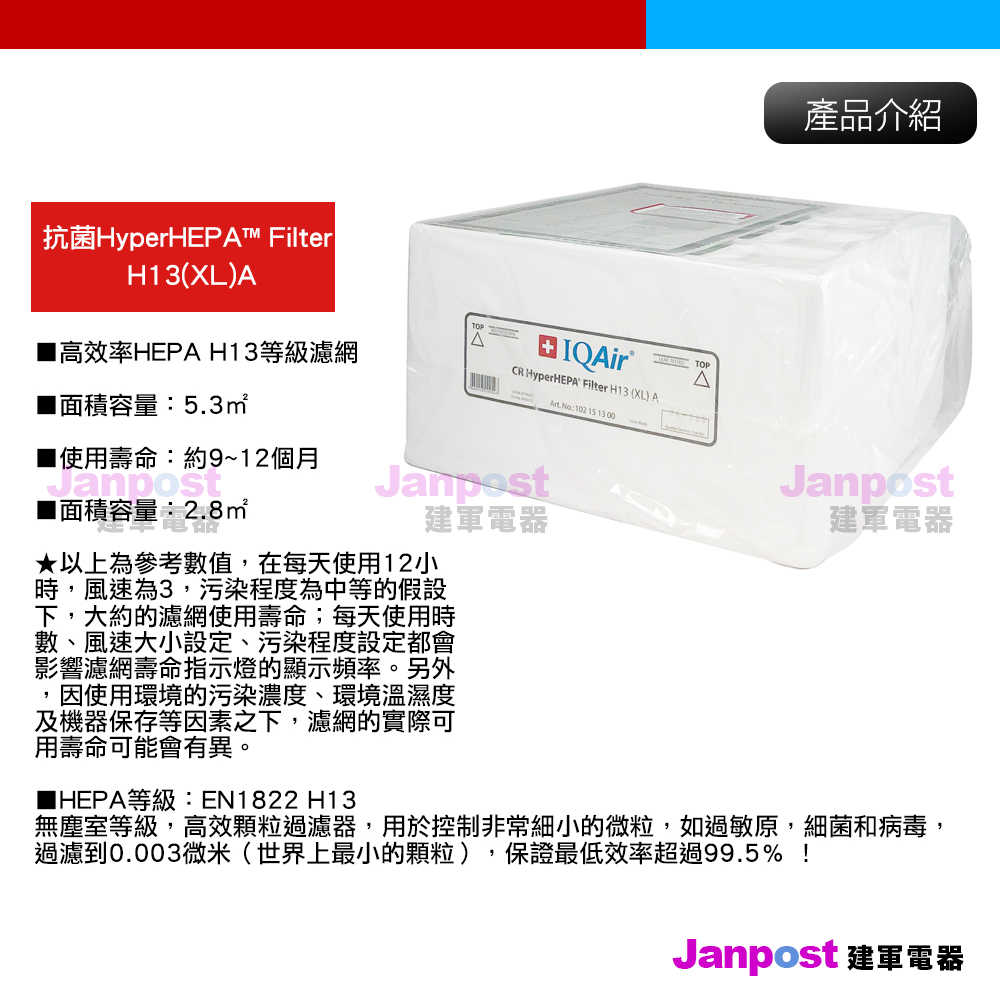 原廠盒裝 IQair Cleanroom H13 專用 抗菌 HyperHEPA™ Filter H13(XL) 濾網