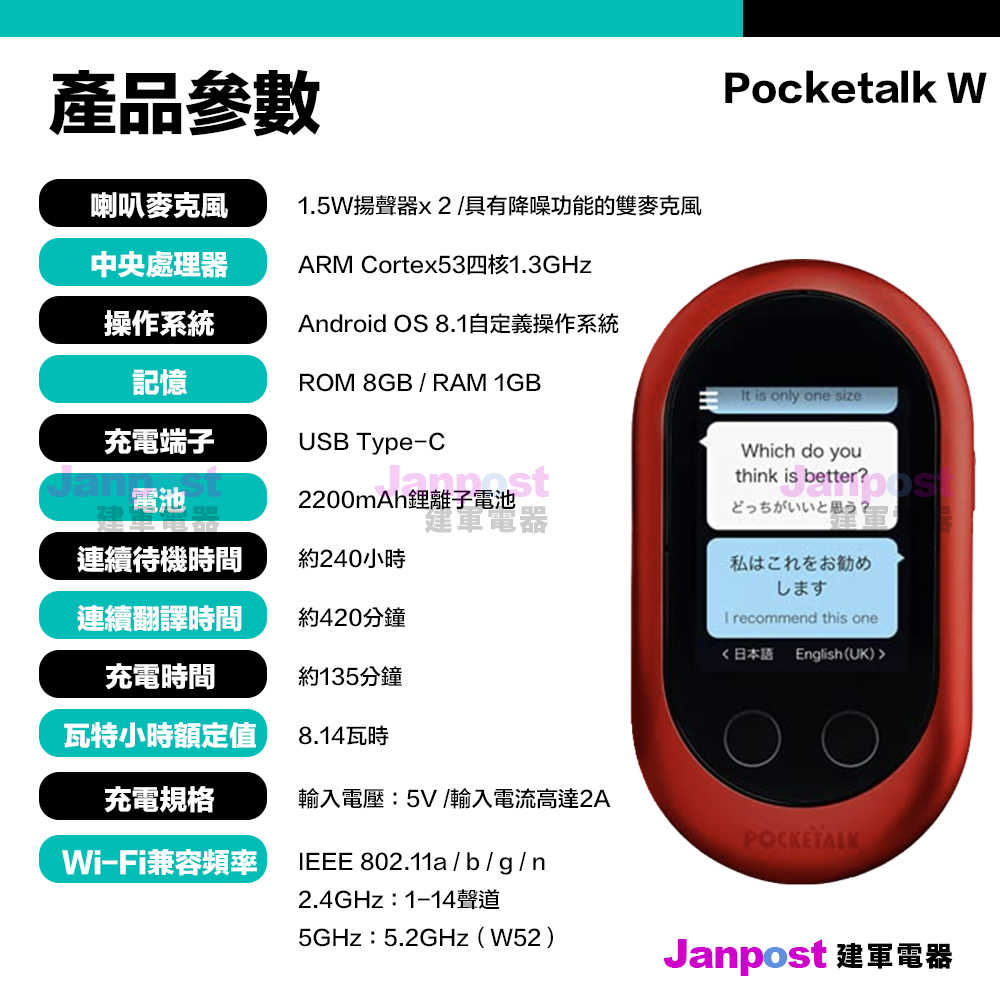 一年保固 贈螢幕保護貼 POCKETALK W 即時翻譯機 雙向翻譯機 日本正品 Wi-Fi 可擴充SIM卡 75種語言