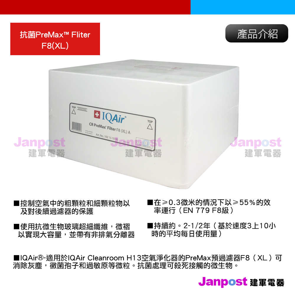 原廠盒裝 IQair Cleanroom H13 專用 抗菌 PreMax™ Filter F8(XL) 前置濾網