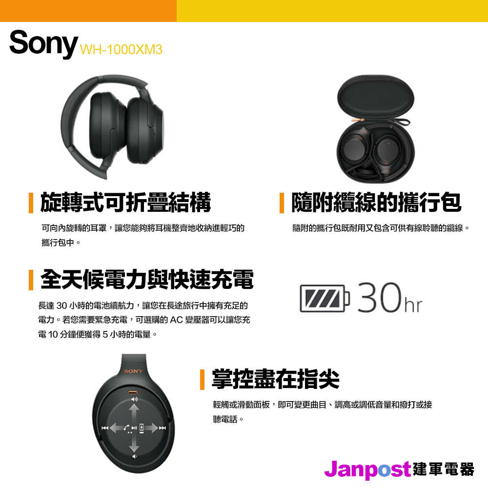 保固一年 Sony WH-1000XM3 無線藍牙 降噪 耳罩式耳機 自動調整音效
