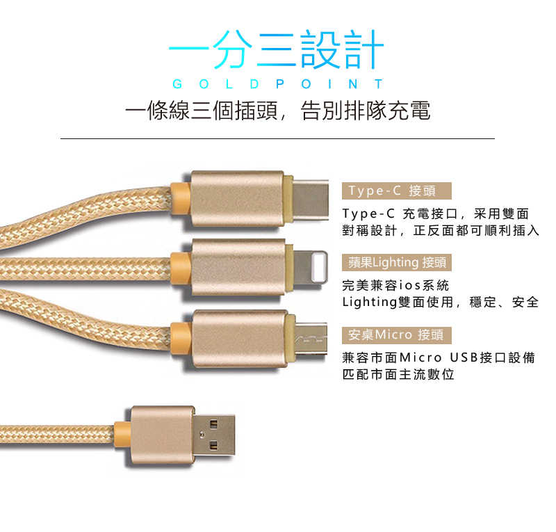 三合一充電線,適用蘋果&安卓&Type C各種手機,一條抵三條,全銅線芯充電加速30%(金色)