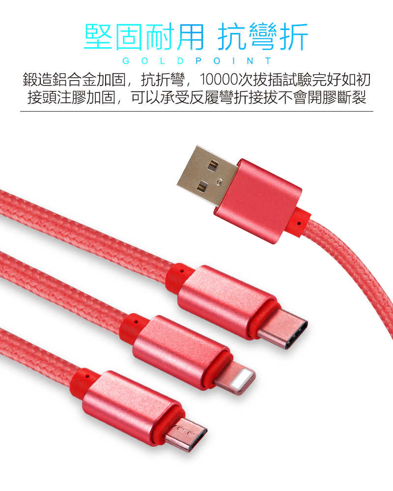 三合一充電線,適用蘋果&安卓&Type C各種手機,一條抵三條,全銅線芯充電加速30%(紅色)