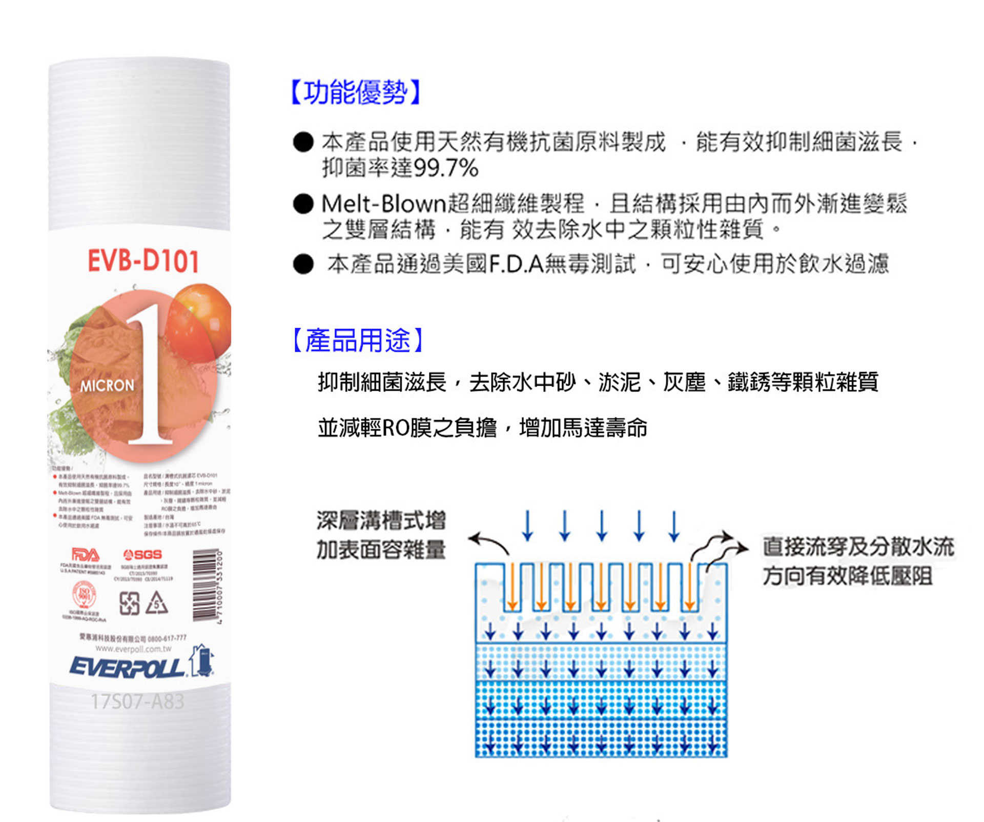 【EVERPOLL】EVB-D101  1微米溝槽式抗菌濾芯1支 D101  101  10吋  1微米抗菌濾心 濾芯