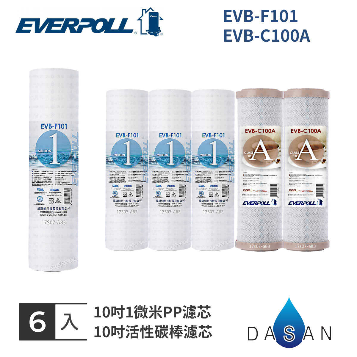 【EVERPOLL】6入 EVB-F101 C100A 1微米PP 1MPP CTO 活性碳 濾芯 EVERPOLL