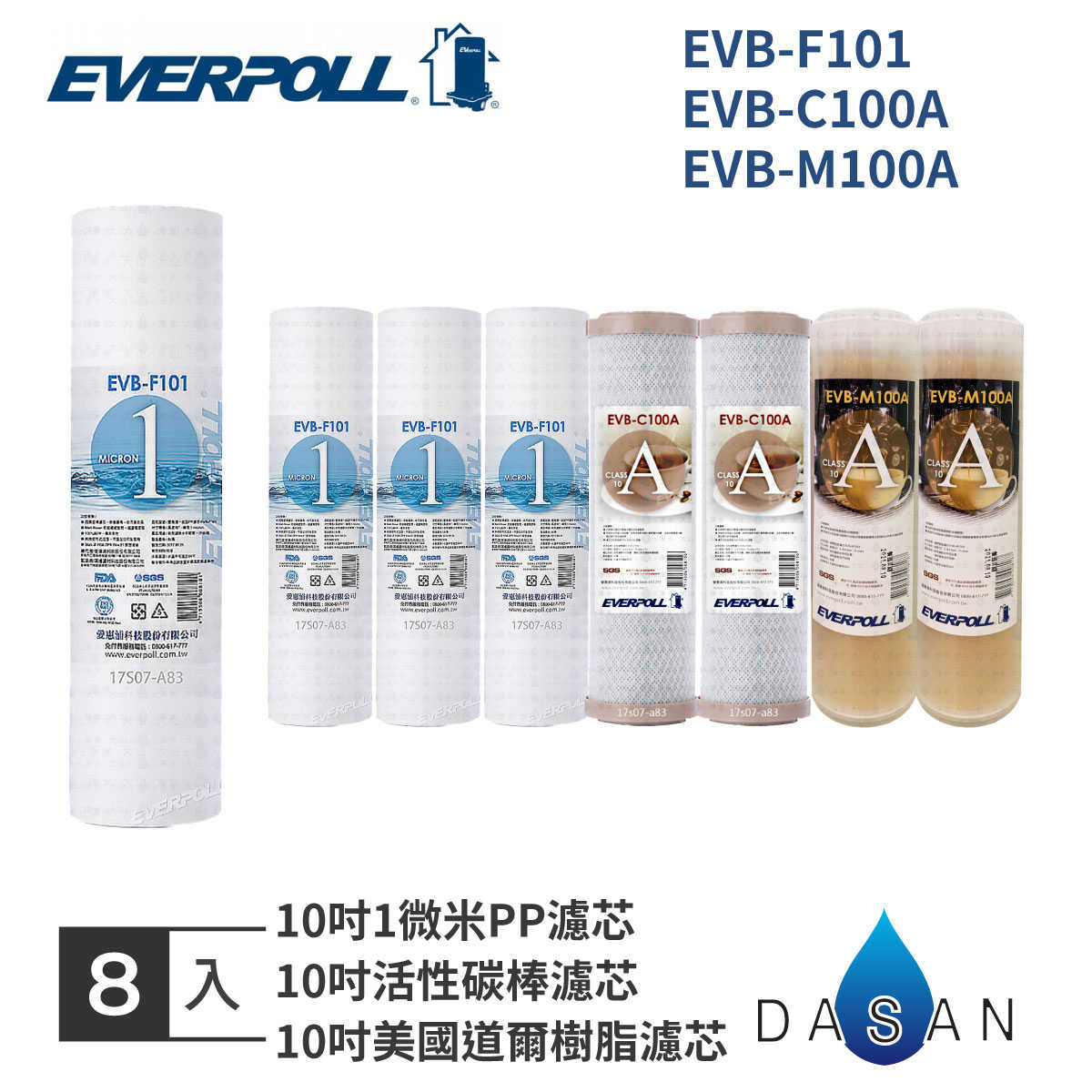 【EVERPOLL】8入 EVB-F101 C100A M100A 1微米PP 1MPP 活性碳 樹脂