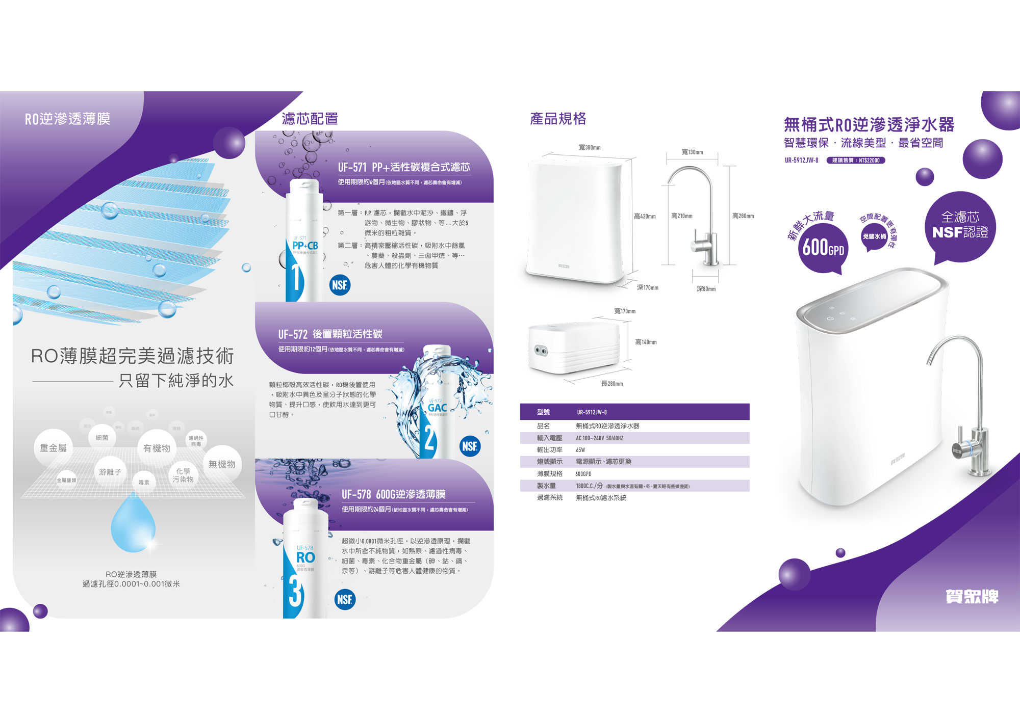 【賀眾牌】UR-5912JW-8 無桶式RO逆滲透淨水器 UR5912 5912 大山淨水 RO機 淨水器 含標準安裝