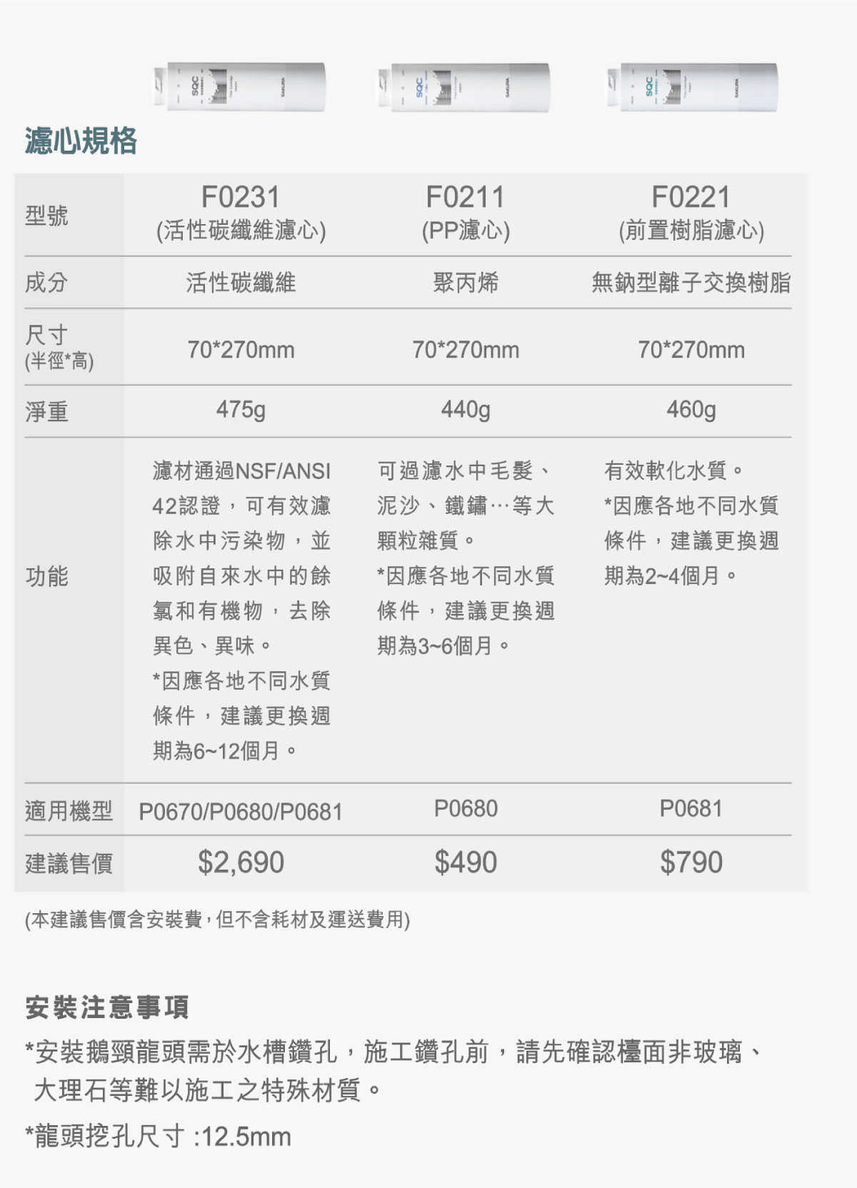 【櫻花 SAKURA 】P0670 單管過濾型淨水器