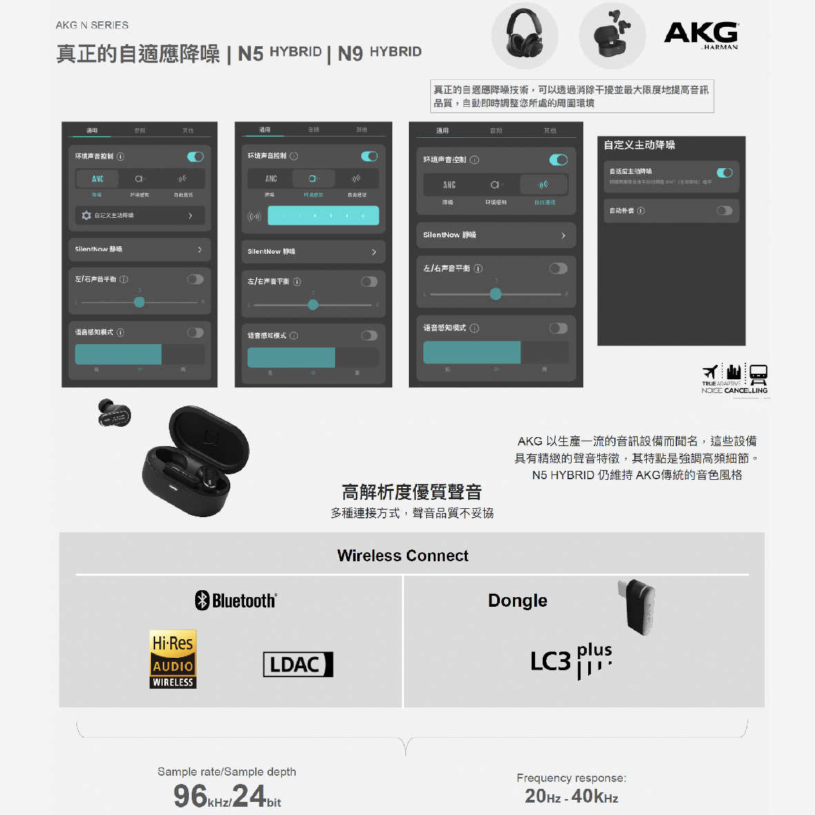 AKG N5 黑色 智慧對話 USB-C Dongle連接 IP54防水 自適應降噪 真無線 藍牙耳機 | 金曲音響