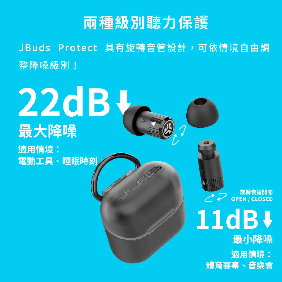 JLab JBuds Protect 降噪 22dB 分貝 聽力 保護 收納盒 防護 耳塞 無音樂功能 | 金曲音響