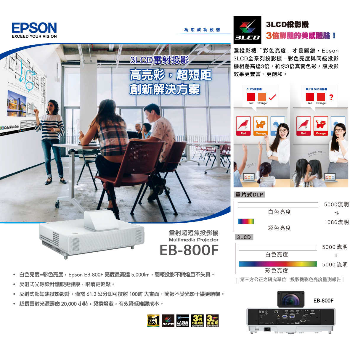 EPSON 愛普生 EB-800F 5000流明 Full HD 雷射超短焦投影機 | 金曲音響