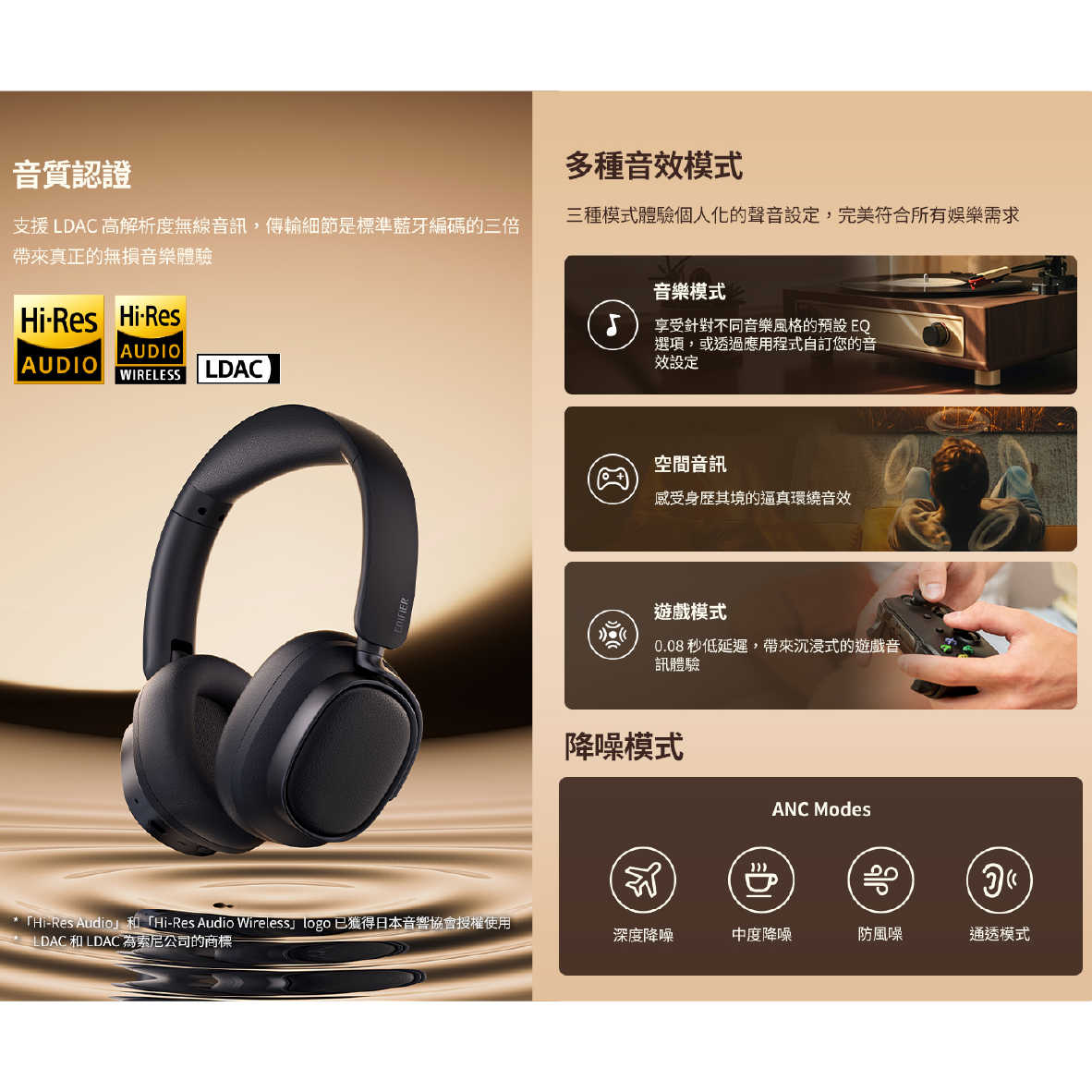 EDIFIER 漫步者 ES850NB 摩卡棕 長效續航 免摘通話 有線使用 可折疊 無線 降噪 耳罩耳機 | 金曲音響