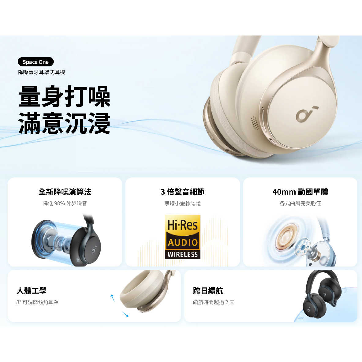 Anker Soundcore Space One 雪藍 雙金標認證 聽紋辨識 降噪 藍芽 耳罩式耳機 | 金曲音響