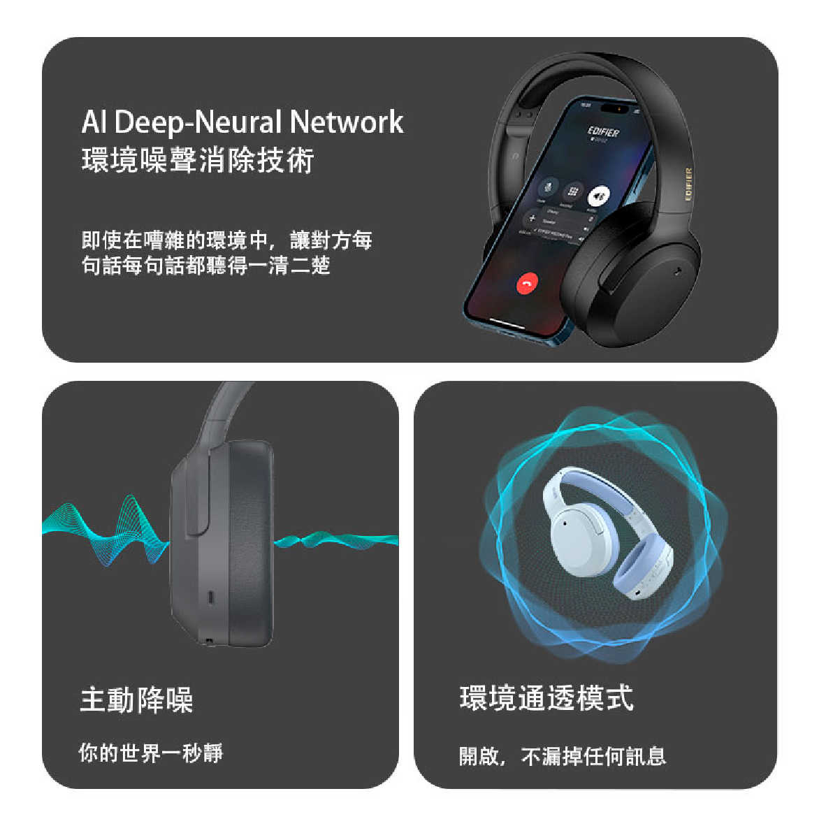 EDIFIER 漫步者 W820NB 雙金標 plus 降噪 通透模式 藍牙 耳罩式 耳機 | 金曲音響