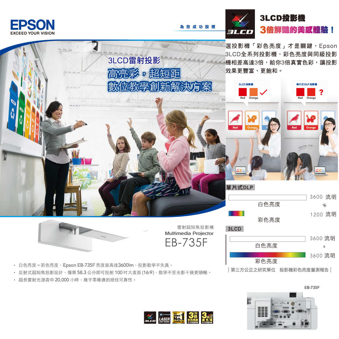 EPSON 愛普生 EB-735F 3600流明 FullHD 超短焦高亮彩雷射投影機 | 金曲音響