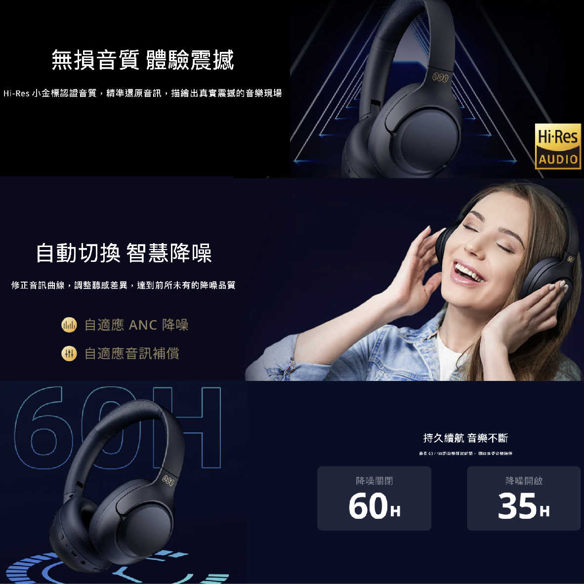 QCY H3 午夜黑 有線連接 60HR續航 通透模式 多點連線 降噪 藍牙 耳罩式 耳機 | 金曲音響