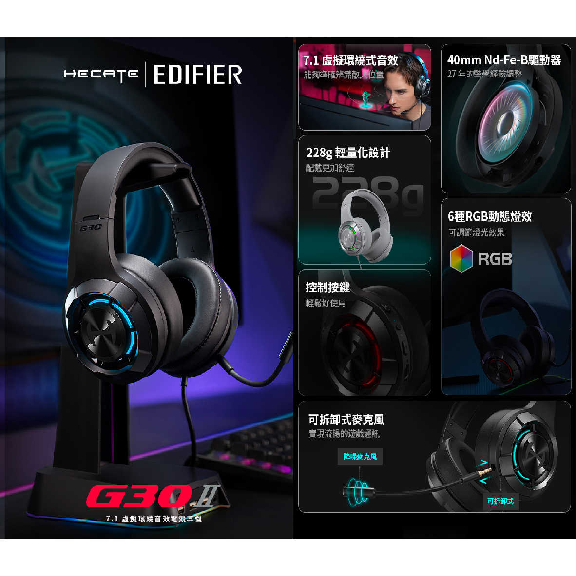 EDIFIER 漫步者 G30II 40mm驅動單體 虛擬環繞音效 輕量化 有線 電競 耳罩式 耳機 | 金曲音響