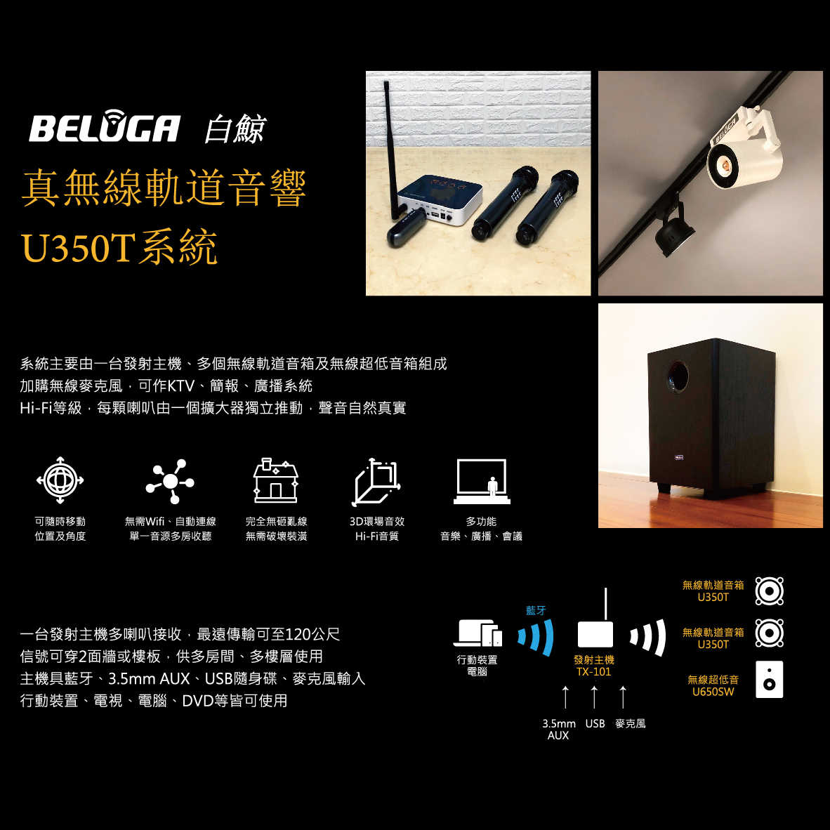 BELUGA 白鯨牌 U350T 無線 軌道音響喇叭 豪華美聲組 U650SW TX101 U530MC | 金曲音響