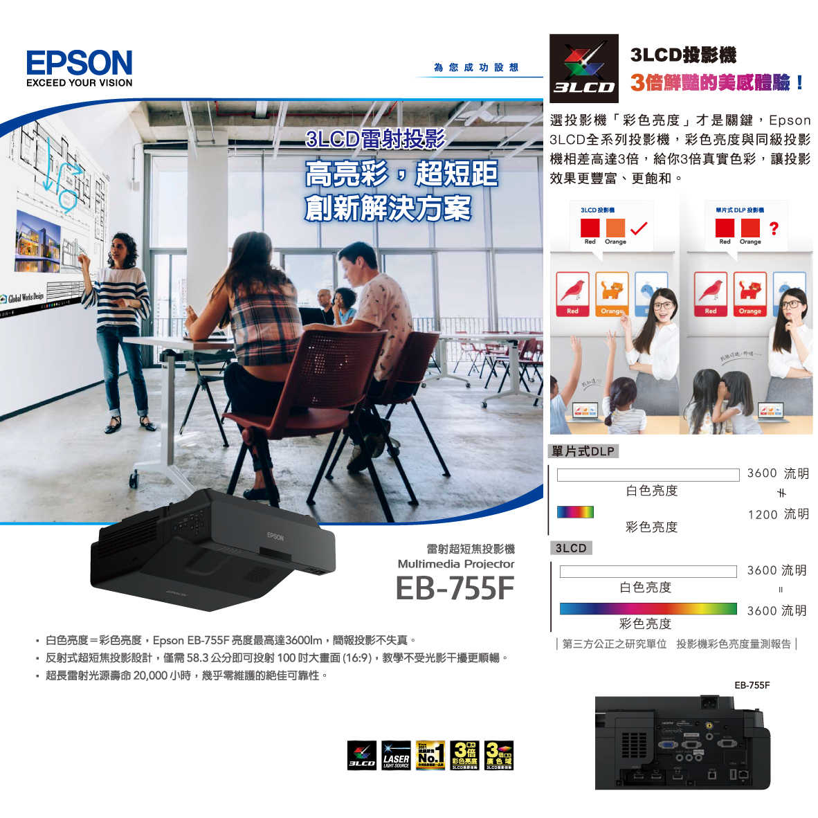 EPSON 愛普生 EB-755F 3600流明 Full HD 無線智慧雷射超短焦投影機 | 金曲音響