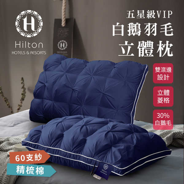 【Hilton 希爾頓】60支紗100%精梳棉白鵝羽毛枕 星空藍 1入 羽毛枕