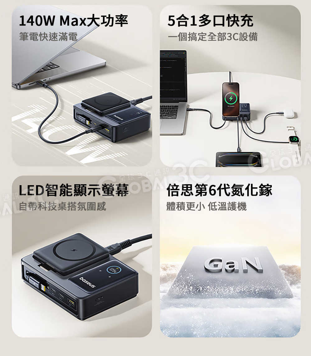 倍思 NOMOS 140W多合一無線充 內建100W伸縮充電線 折疊磁吸支架 六代氮化鎵 1個USB+2個Type-C