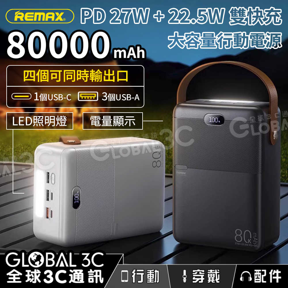 超大電量 80000mAh 27W+22.5W PD+QC快充行動電源 電量顯示 LED照明燈 4個輸出口 露營 停電