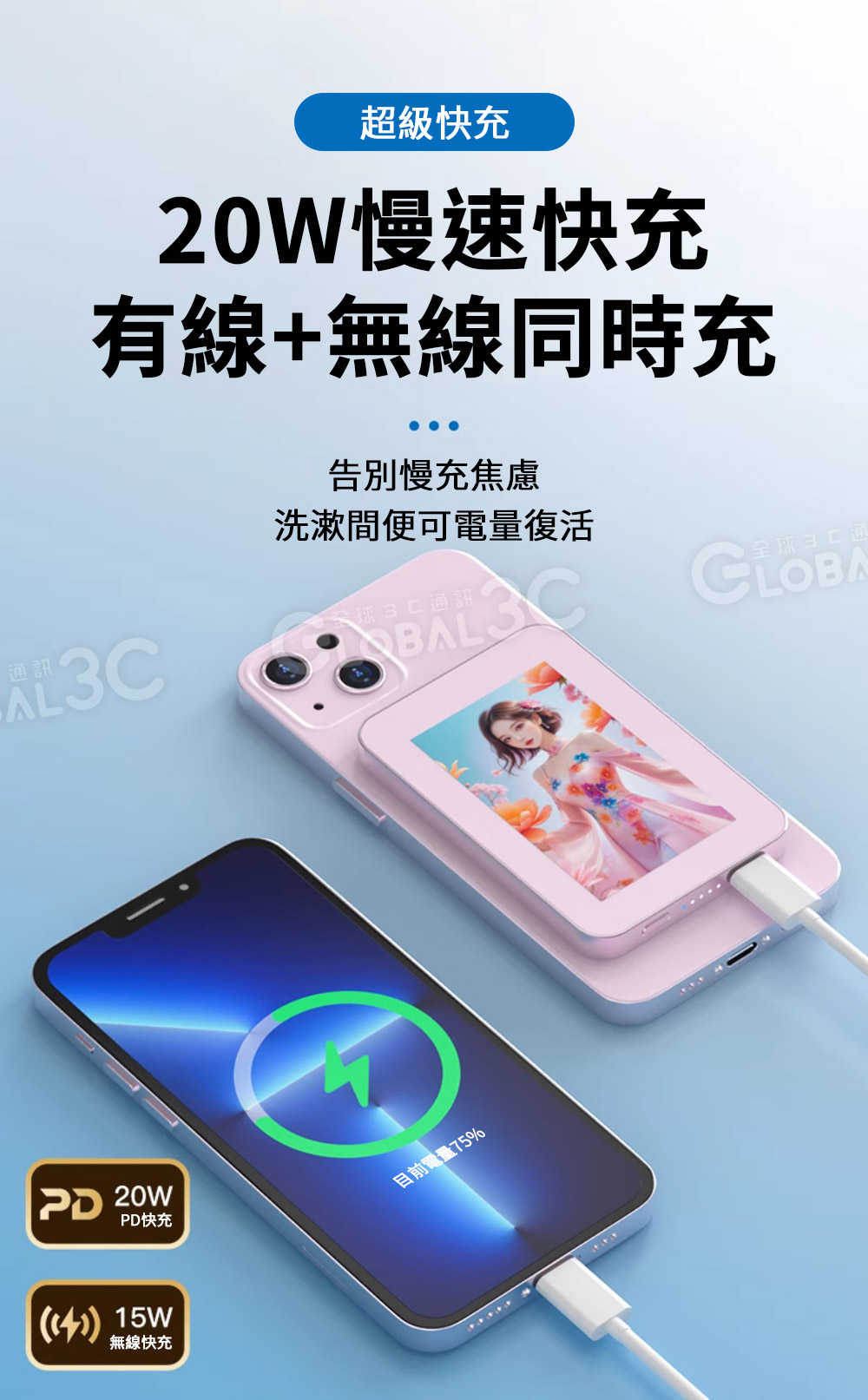 彩色水墨屏磁吸電源 5000毫安電量 Magsafe PD20W 快充 投屏圖片 無線+有線 15W無線充電