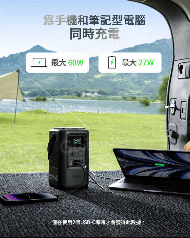 Anker 548 行動電源 60000mAh超大電量 87W輸出 四口充電 緊急照明 支援太陽能充電