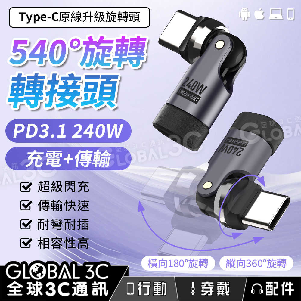 540度旋轉轉接頭 Type-C線升級旋轉頭 PD3.1 240W快充 支援充電+傳輸 蘋果安卓手機平板筆電