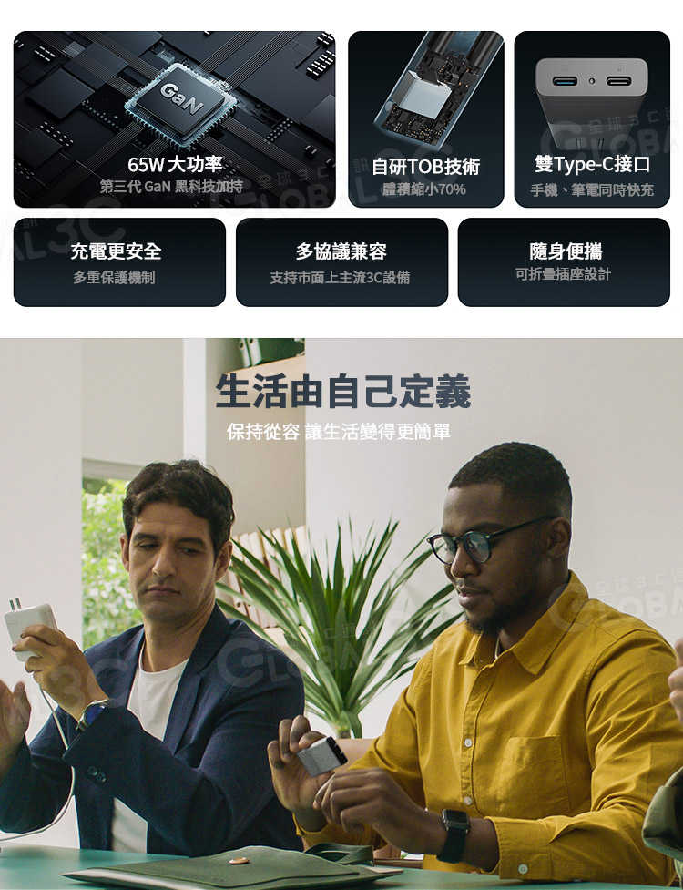 CUKTECH 65W GaN 氮化鎵 迷你充電器 超薄 雙口設計 摺疊插頭 快充充電器 出差 旅行 方便攜帶