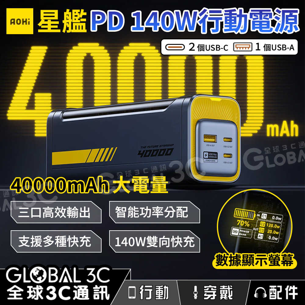 奧海AOHI 星艦 40000mAh行動電源 140W PD3.1大電量 超級快充 3口充電 顯示螢幕 功率分配