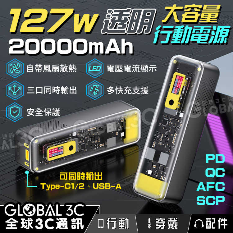 20000mAh 127W 透明大容量行動電源 PD/QC/AFC/SCP快充 Type C iPhone 安卓 行動充