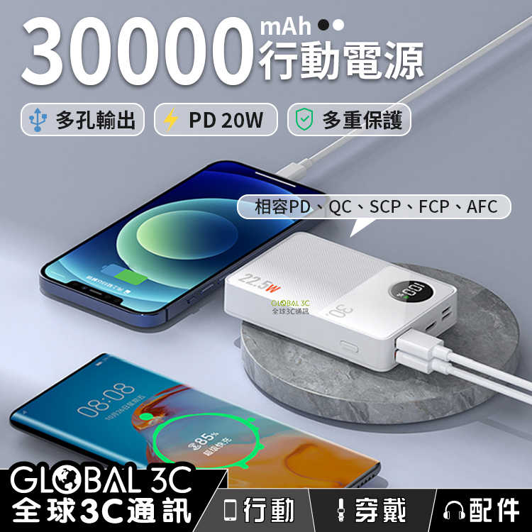 30000mAh 大容量行動電源 PD20W 22.5W超級快充 LED顯示電量 多孔充電 iPhone