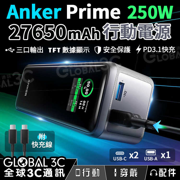 Anker Prime 250W行動電源 27650mAh 3口輸出 PD3.1/QC3.0/FCP 筆電快充