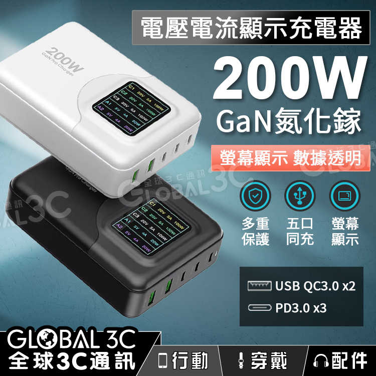 200W 氮化鎵GaN 多口充電器 電壓電流螢幕顯示 USB/Type-C iPhone/三星/MacBook/筆電