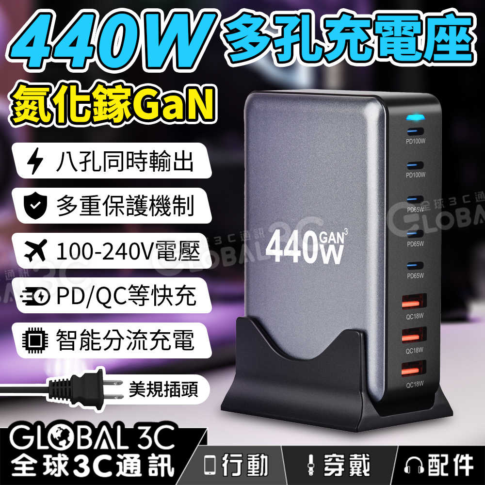 440W氮化鎵GaN多孔充電器 八孔快充 PD3.0/QC3.0 多重保護 同時充電 智慧分流 筆電手機