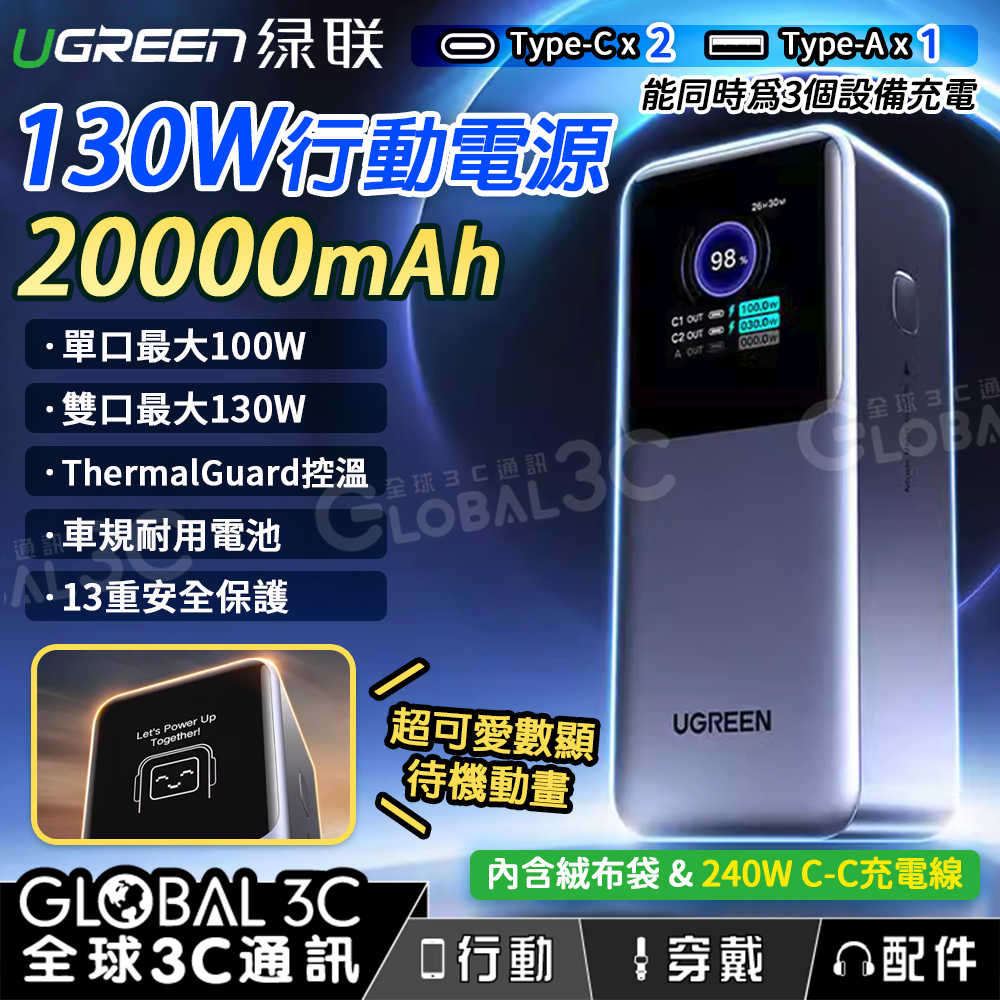 UGREEN 綠聯 130W 20000mAh 行動電源 3口輸出 單口100W UFCS/PD/PPS/QC/SCP