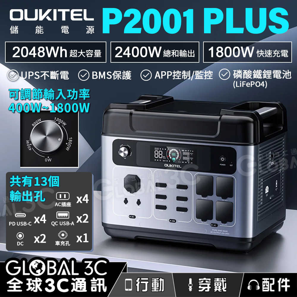 OUKITEL P2001 Plus 儲能電源 2048Wh/2400W 13口充電 UPS不斷電 家庭備用電 露營車泊