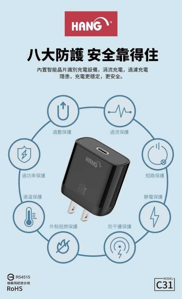 HANG C31 第三代氮化鎵充電器 30W 旅充頭 豆腐充 充電頭 PD QC TYPE-C 快充 便攜 旅遊