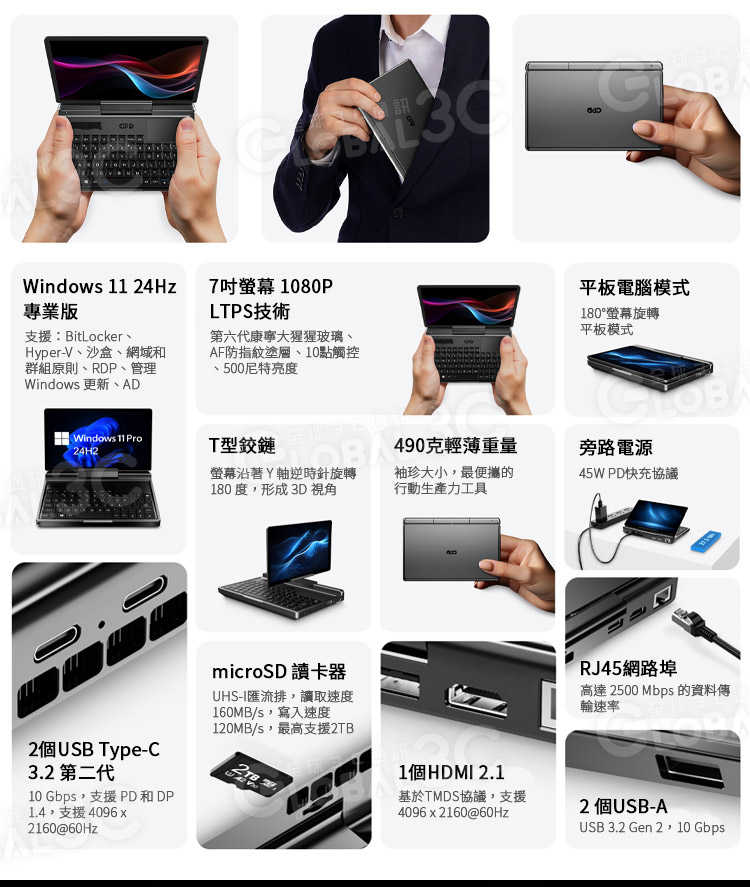 GPD MicroPC 2代 7吋迷你 翻轉筆電 Intel N300 16GB+512GB 可翻轉 迷你筆電